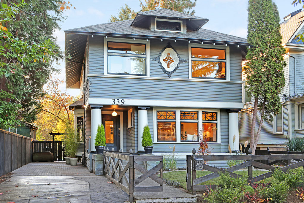 A color photo of the same house in the modern day, after a renovation.