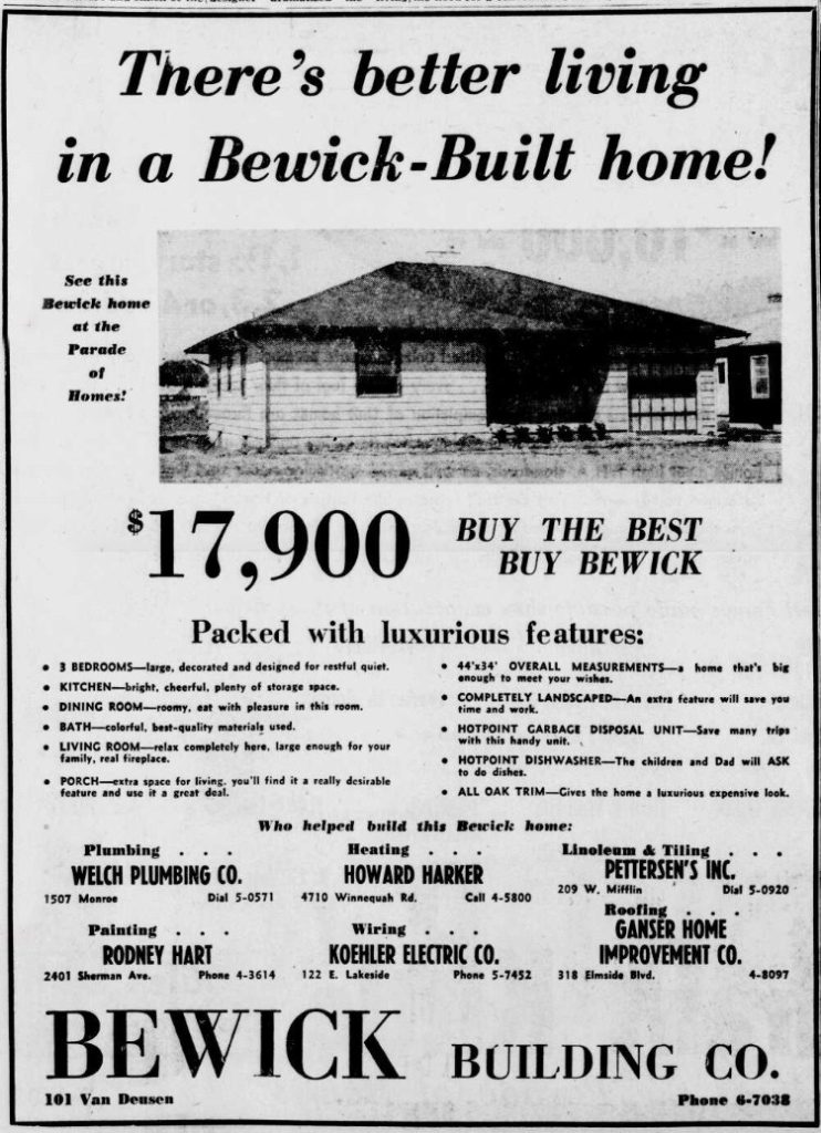 A vintage ad for the "Bewick home", a mid-century ranch built by Bewick Building Company.