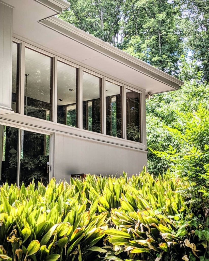 A photo of a renovated mid century modern house in Georgia, surrounded by plants in bright sunlight.