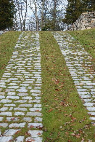 A steep cobblestone driveway with grass growing between the two tracks of stones.