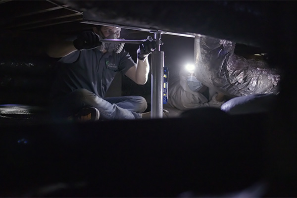 A professional fixing foundation problems. He is in a crawl space, installing a metal support to prevent sagging.